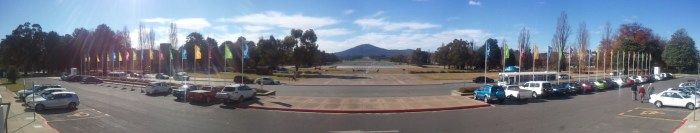 Probably my favourite view of Canberra: mountains, tent embassy, lake