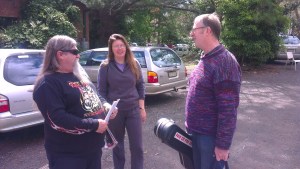 Bruce Watson (right) with festival virgins, Paul and Kim