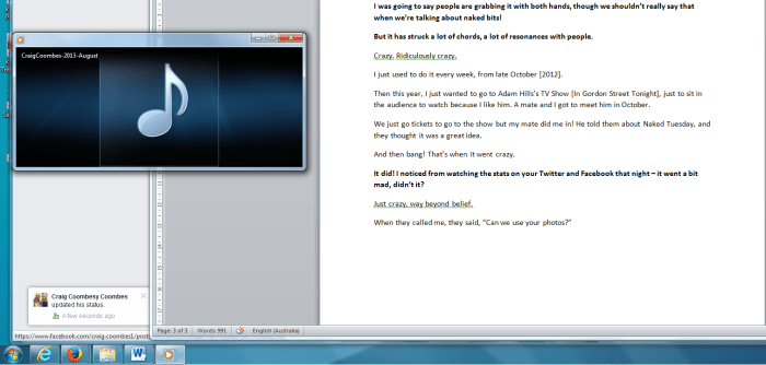 Big Coombesy the constant Facebook updater. A sight I'm sure is familiar to his friends and compatriots. I had several updates from Captain Nude to zip off and check while preparing this article!